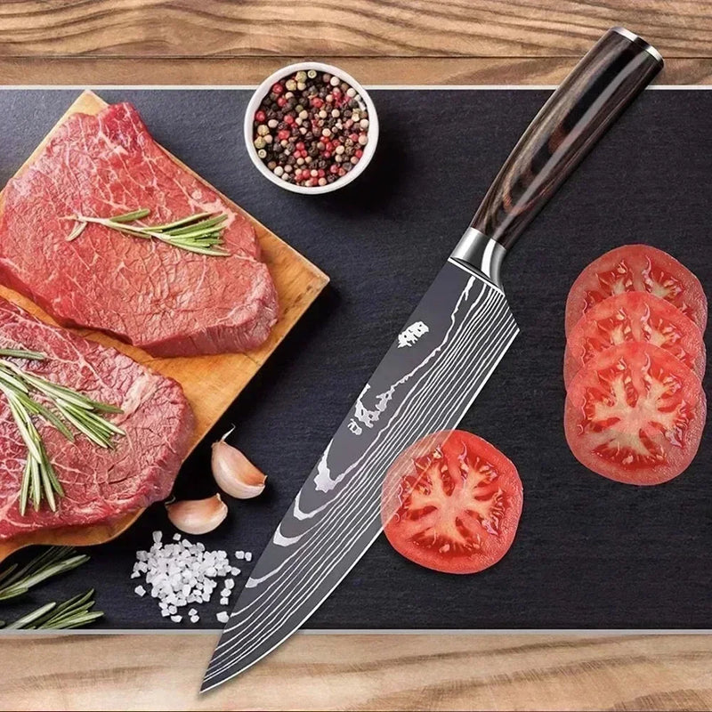 Conjunto de Facas de Cozinha Profissional com Tesoura Multiuso Lâminas Estilo Damasco