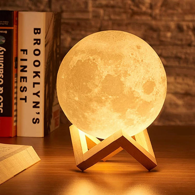 Luminária Lua 3D com Base de Madeira