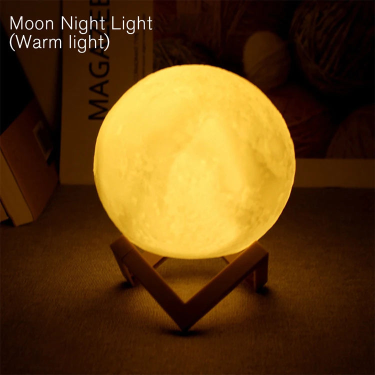 Luminária Lua 3D com Base de Madeira