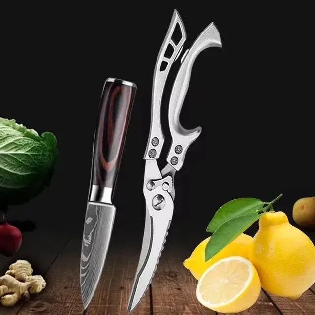 Conjunto de Facas de Cozinha Profissional com Tesoura Multiuso Lâminas Estilo Damasco