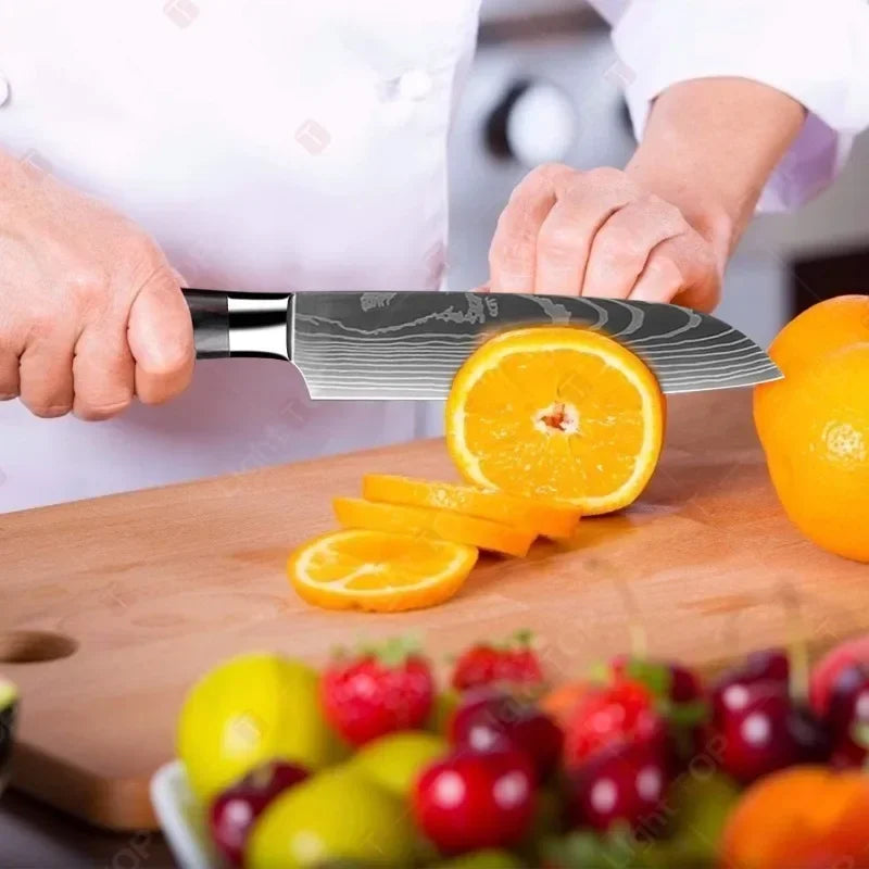 Conjunto de Facas de Cozinha Profissional com Tesoura Multiuso Lâminas Estilo Damasco
