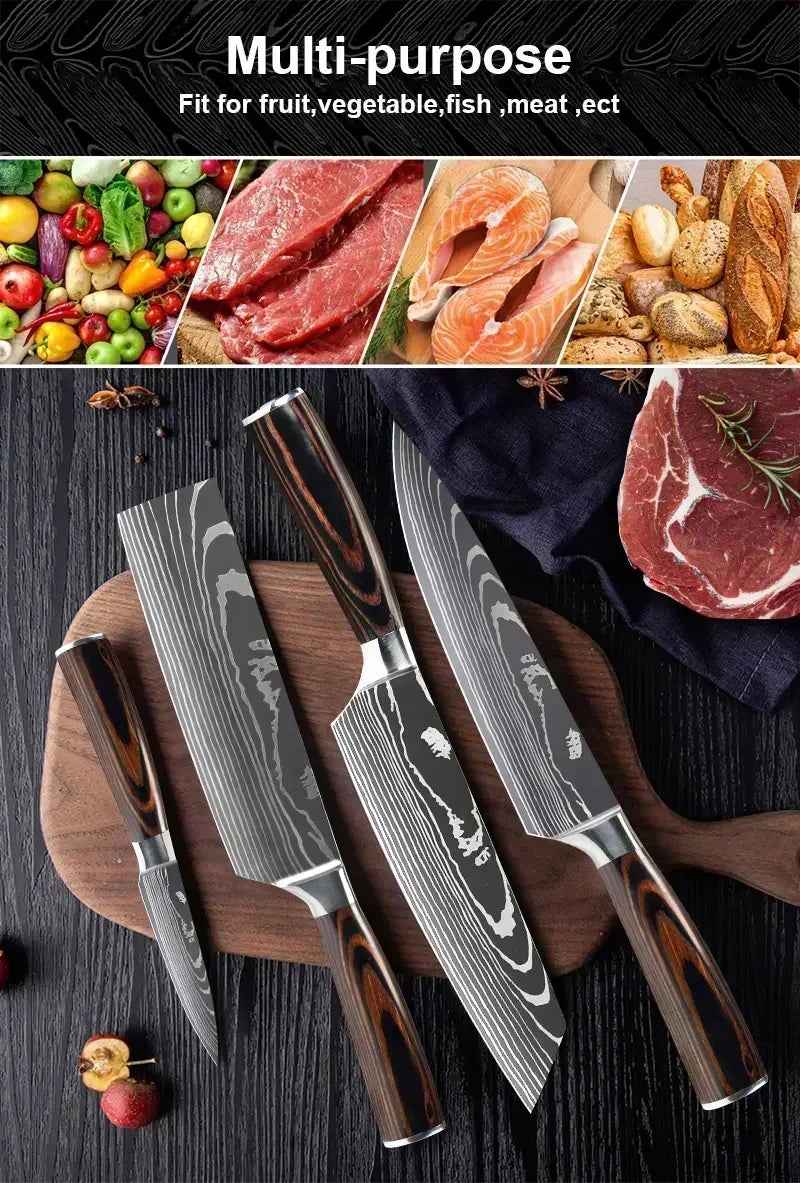 Conjunto de Facas de Cozinha Profissional com Tesoura Multiuso Lâminas Estilo Damasco