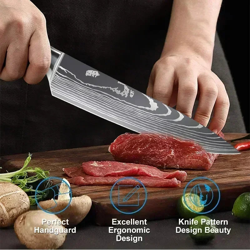 Conjunto de Facas de Cozinha Profissional com Tesoura Multiuso Lâminas Estilo Damasco