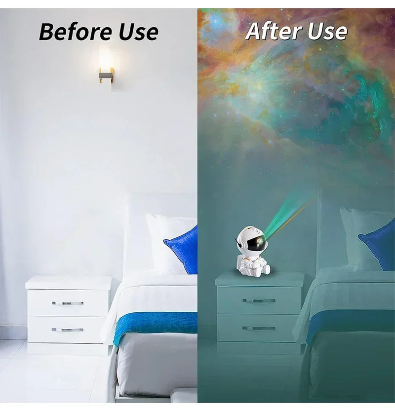 Projetor Astronauta Galáxia com Controle Remoto — Luminária Estelar 360° para Quarto e Decoração