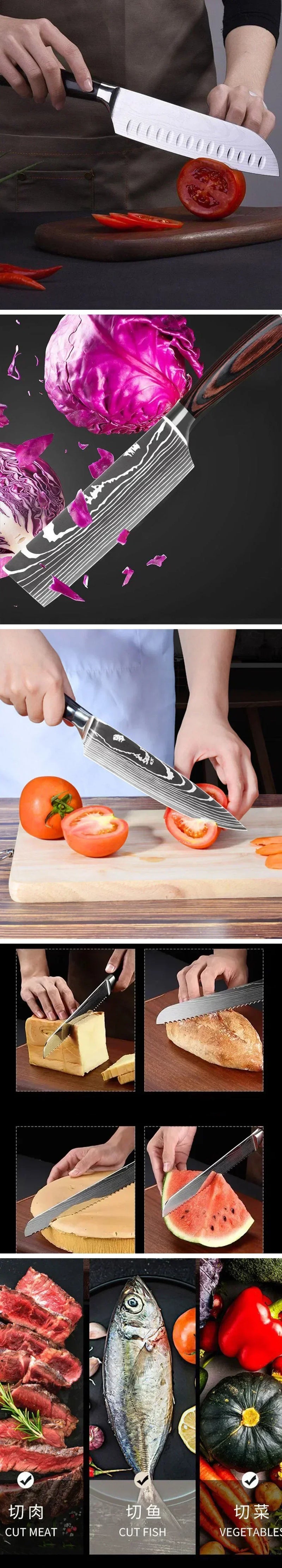 Conjunto de Facas de Cozinha Profissional com Tesoura Multiuso Lâminas Estilo Damasco