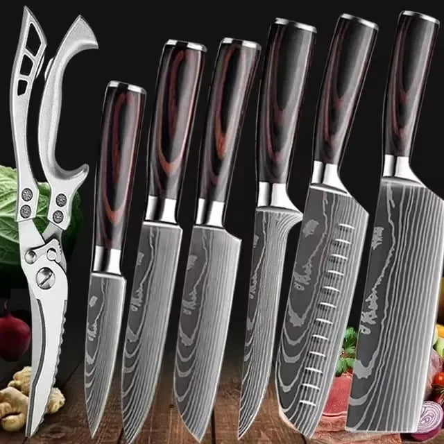 Conjunto de Facas de Cozinha Profissional com Tesoura Multiuso Lâminas Estilo Damasco