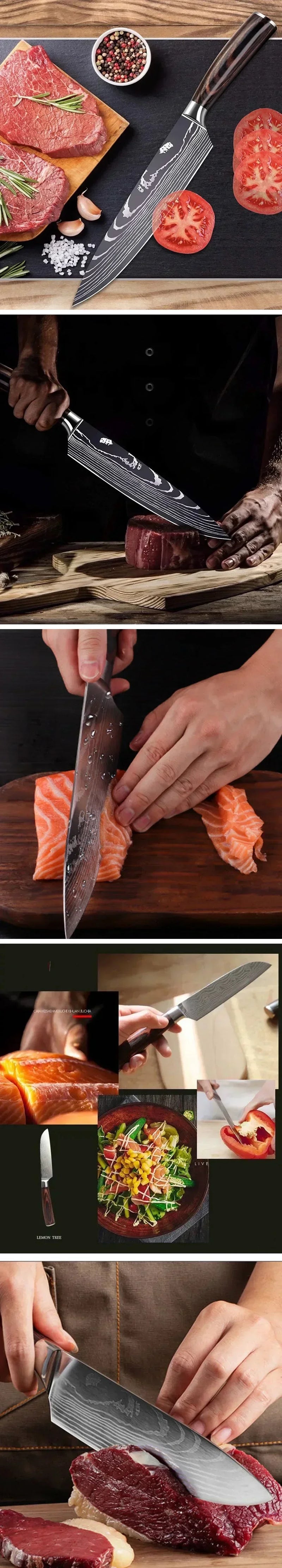 Conjunto de Facas de Cozinha Profissional com Tesoura Multiuso Lâminas Estilo Damasco