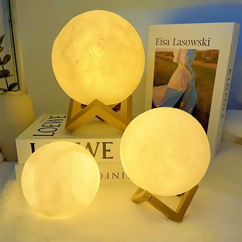 Luminária Lua 3D com Base de Madeira