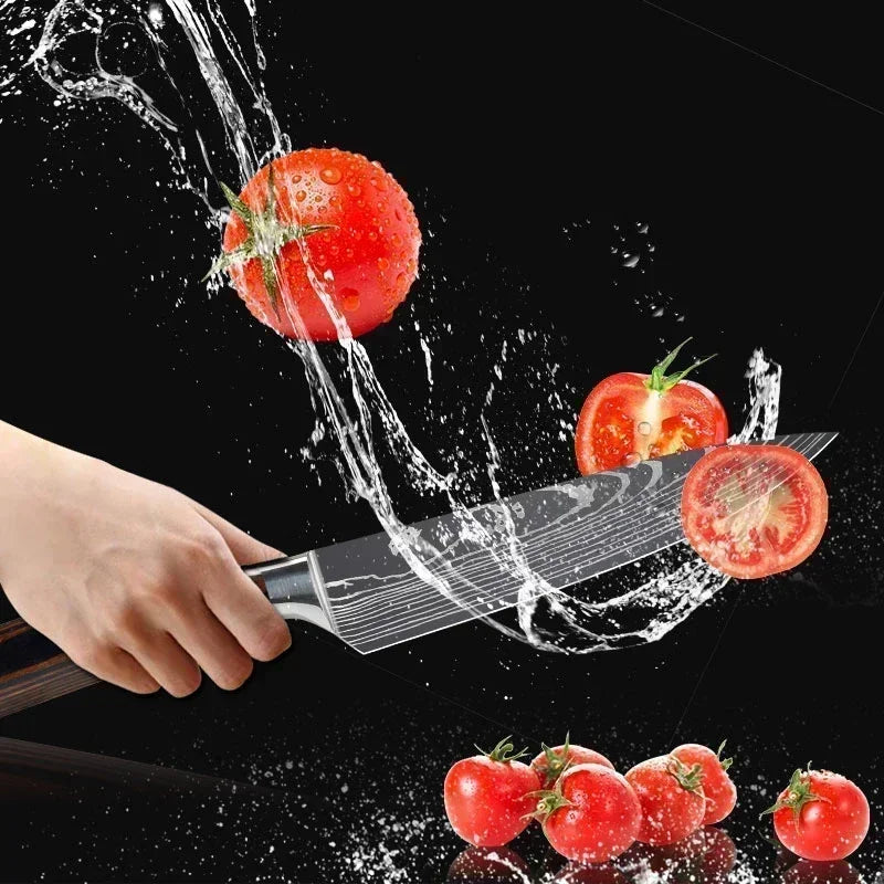 Conjunto de Facas de Cozinha Profissional com Tesoura Multiuso Lâminas Estilo Damasco