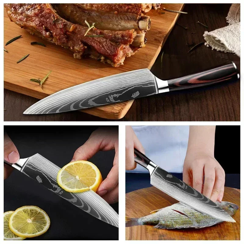 Conjunto de Facas de Cozinha Profissional com Tesoura Multiuso Lâminas Estilo Damasco