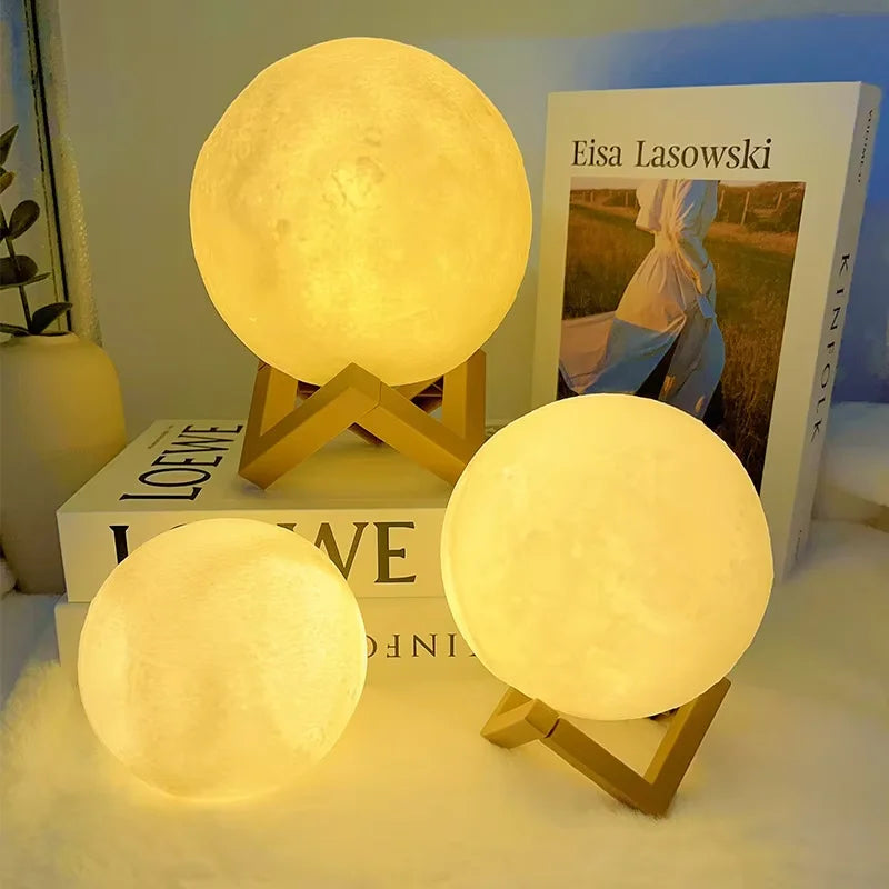 Luminária Lua 3D com Base de Madeira
