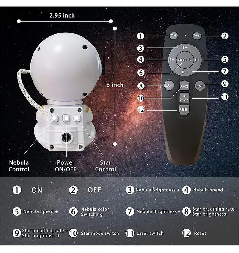 Projetor Astronauta Galáxia com Controle Remoto — Luminária Estelar 360° para Quarto e Decoração