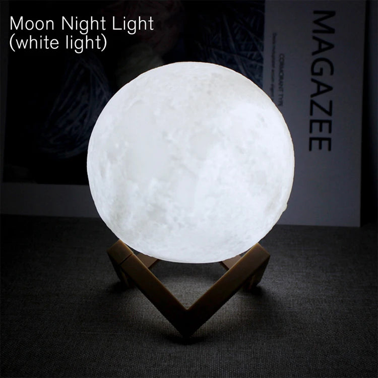 Luminária Lua 3D com Base de Madeira