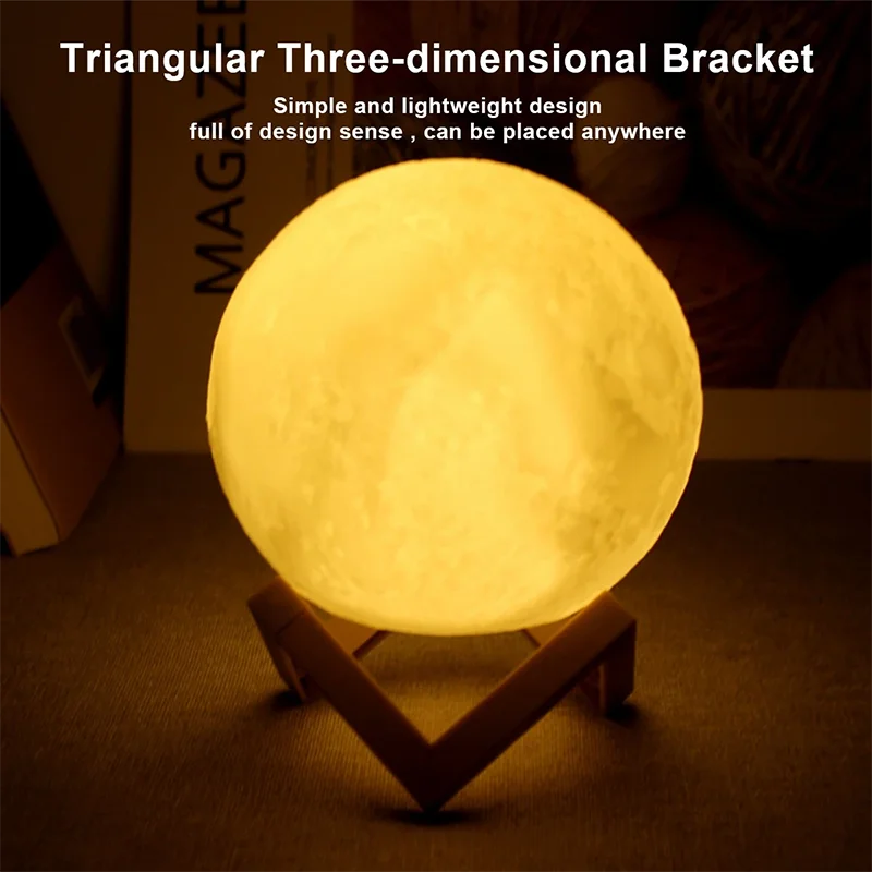Luminária Lua 3D com Base de Madeira