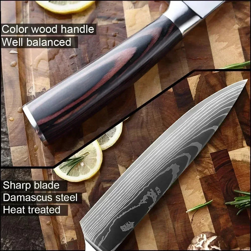 Conjunto de Facas de Cozinha Profissional com Tesoura Multiuso Lâminas Estilo Damasco