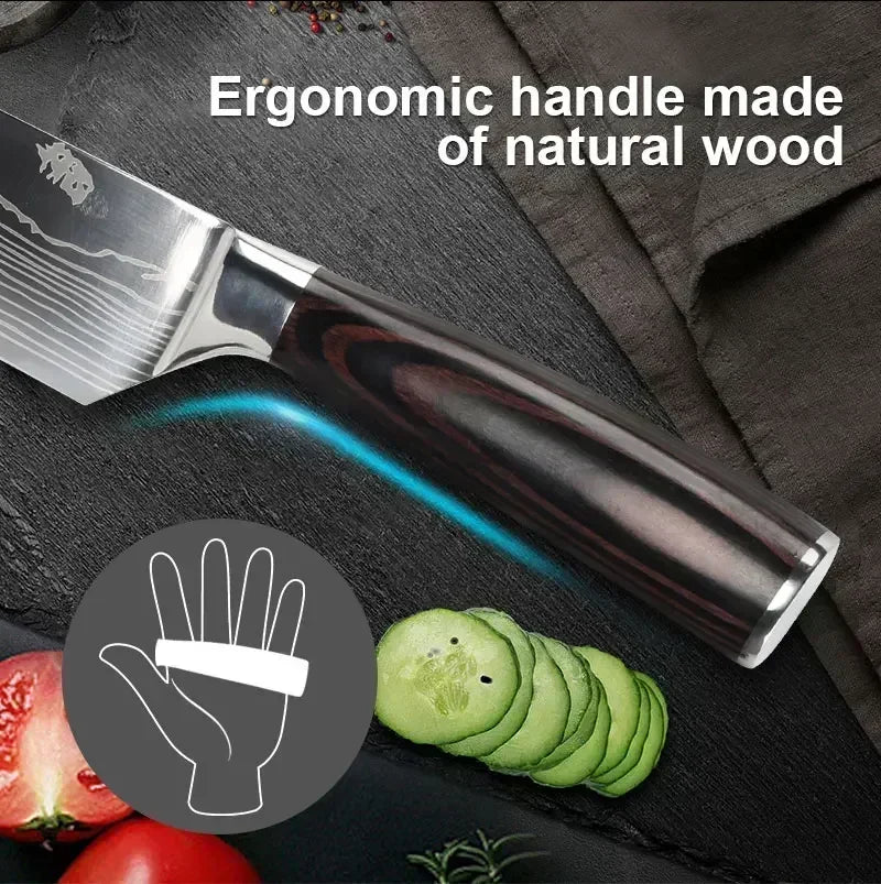 Conjunto de Facas de Cozinha Profissional com Tesoura Multiuso Lâminas Estilo Damasco