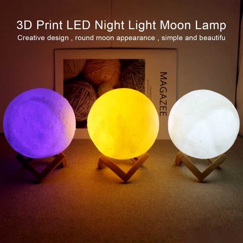 Luminária Lua 3D com Base de Madeira