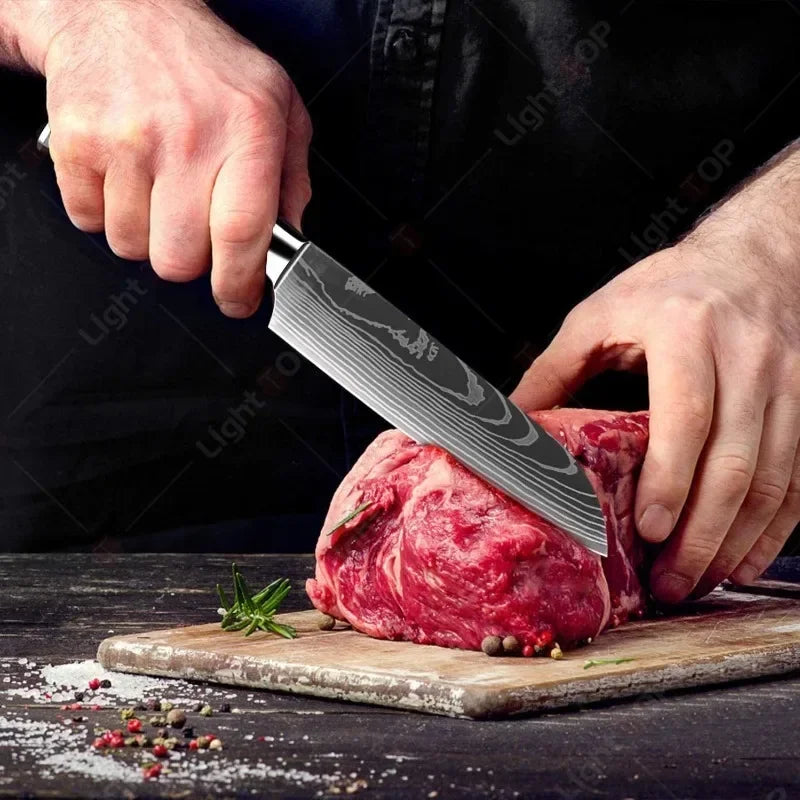 Conjunto de Facas de Cozinha Profissional com Tesoura Multiuso Lâminas Estilo Damasco