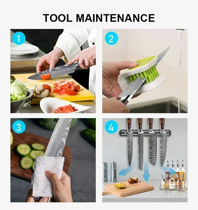 Conjunto de Facas de Cozinha Profissional com Tesoura Multiuso Lâminas Estilo Damasco