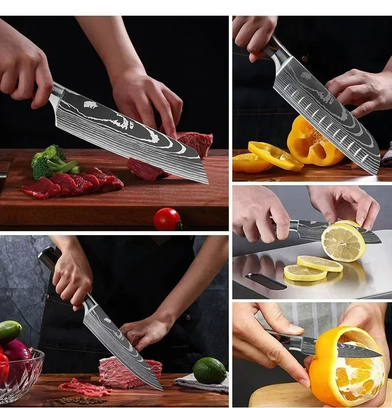 Conjunto de Facas de Cozinha Profissional com Tesoura Multiuso Lâminas Estilo Damasco