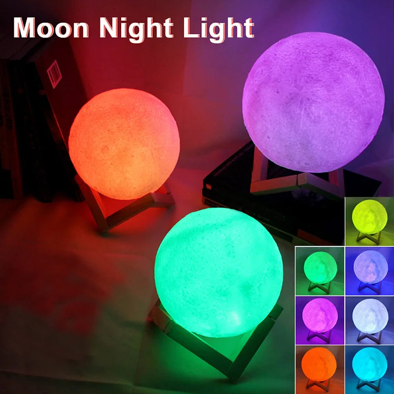 Luminária Lua 3D com Base de Madeira