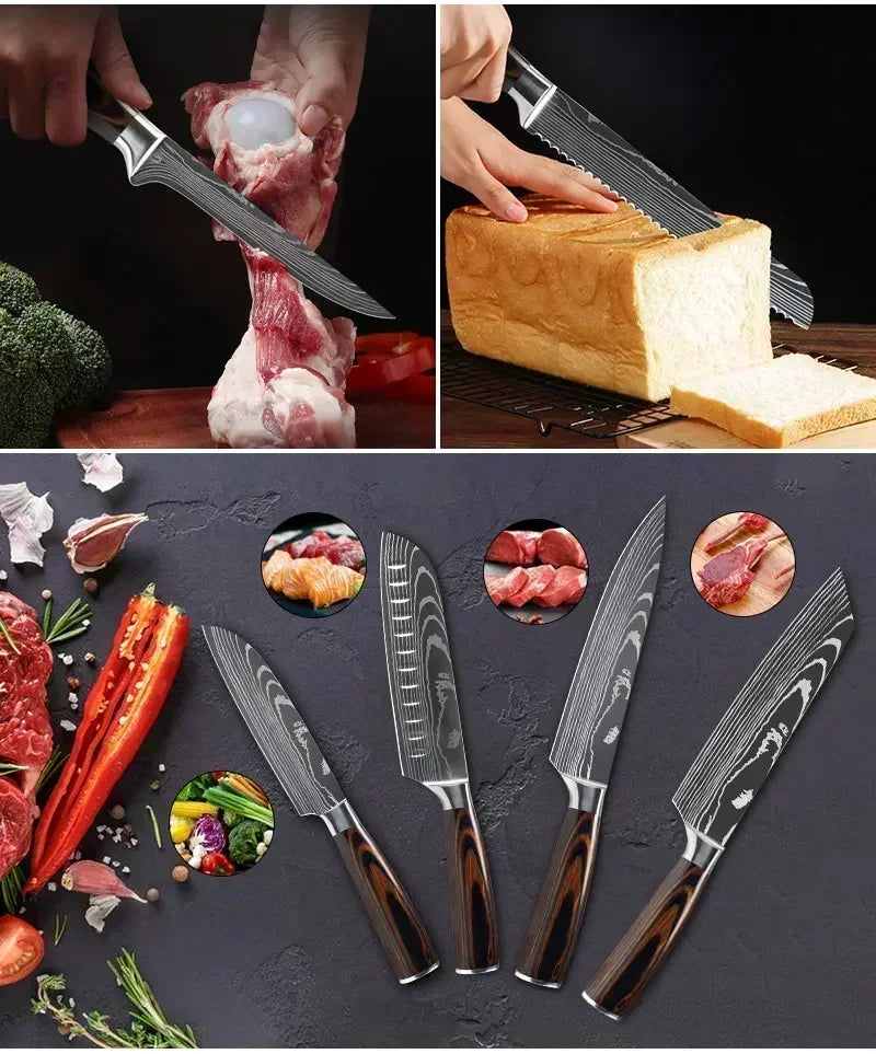 Conjunto de Facas de Cozinha Profissional com Tesoura Multiuso Lâminas Estilo Damasco