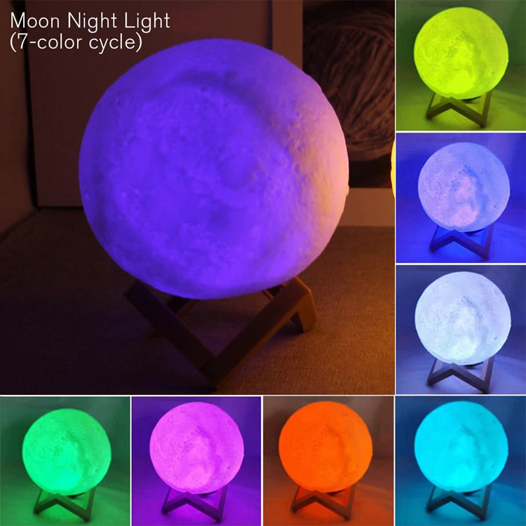 Luminária Lua 3D com Base de Madeira