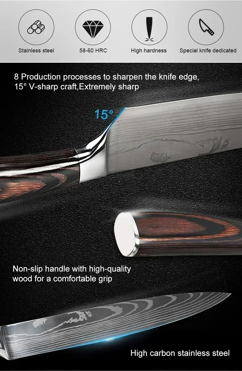 Conjunto de Facas de Cozinha Profissional com Tesoura Multiuso Lâminas Estilo Damasco