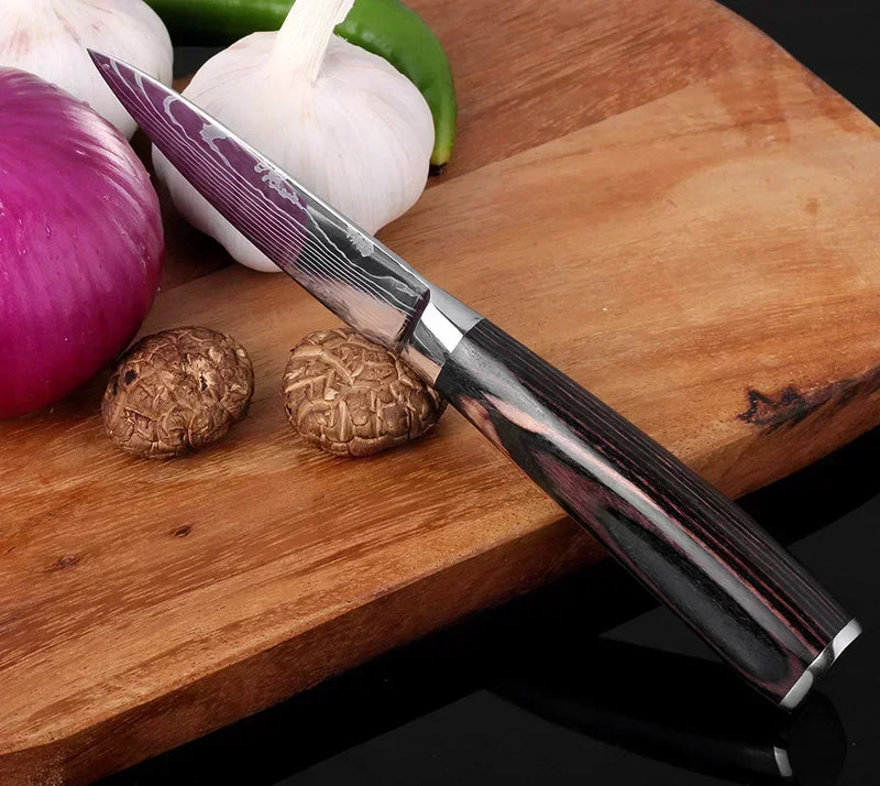Conjunto de Facas de Cozinha Profissional com Tesoura Multiuso Lâminas Estilo Damasco