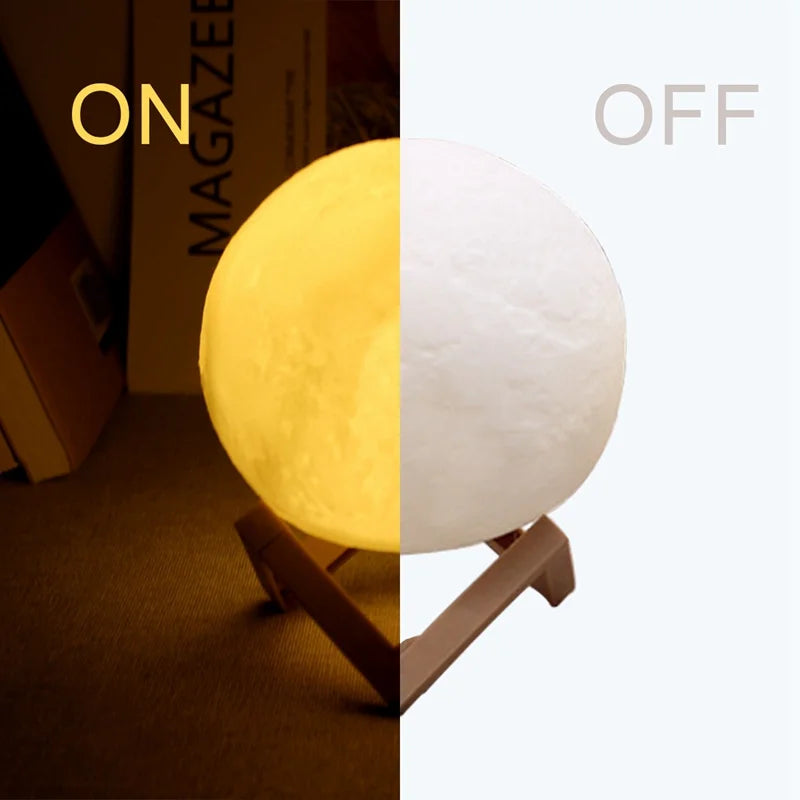 Luminária Lua 3D com Base de Madeira