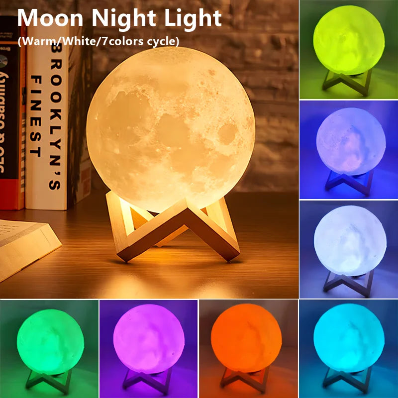 Luminária Lua 3D com Base de Madeira